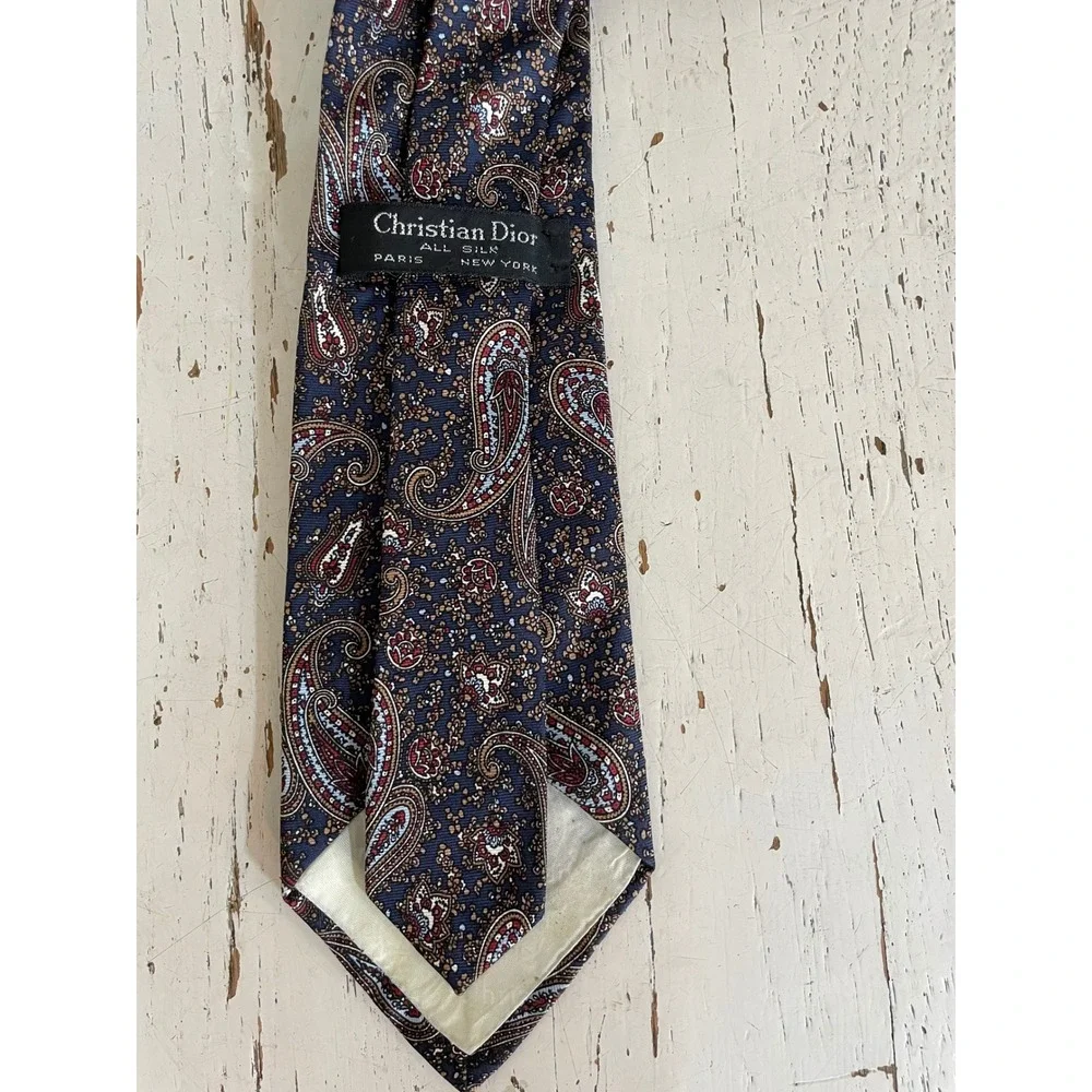 Christian Dior‎ Silk Tie Mens Navy Blue Burgundy Gold Paisley Vintage Necktie
